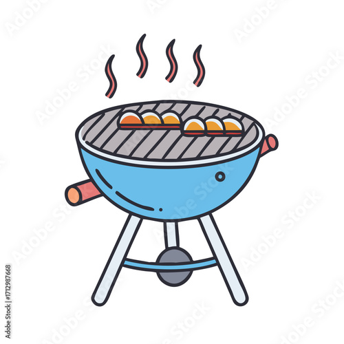 Colorful cartoon illustration of a grill with steaming food on top