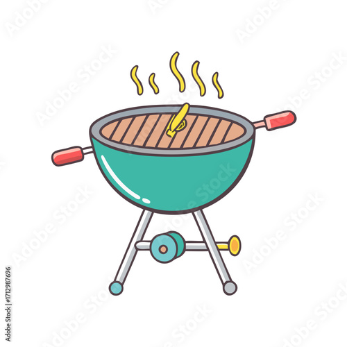 Illustration of a charcoal grill with food cooking and smoke rising upwards