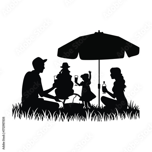 Family Relaxing Under Umbrella Silhouette Illustration Enjoying Leisure Time Outdoors