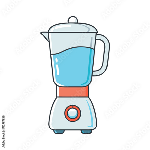 Cartoon blender illustration with blue liquid, gray accents and red details