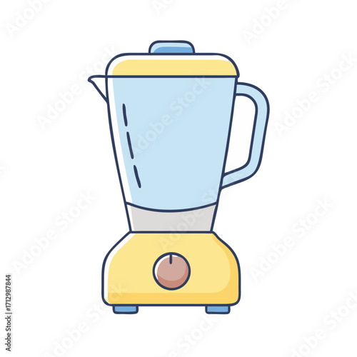 Cartoon illustration of a blue and yellow blender on a white background