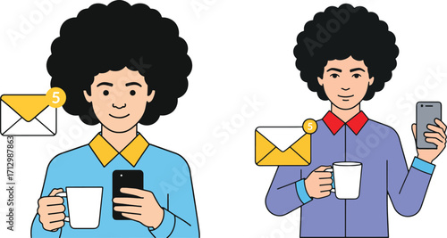 Two People Managing Emails and Using Smartphones While Drinking Coffee Digital Communication and Modern Lifestyle
