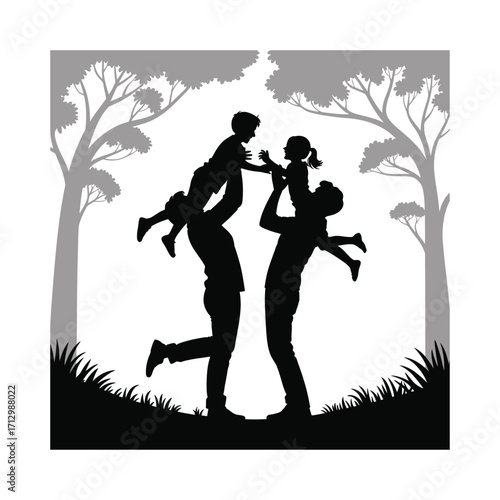 Father and Children Silhouette Illustration Playing Outdoors in a Forest Setting