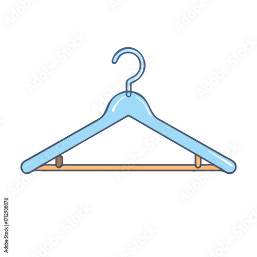 A light blue clothes hanger with wooden bar for pants, and a hook
