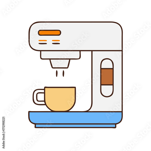 Illustration of a coffee maker with a cup underneath it on a blue stand