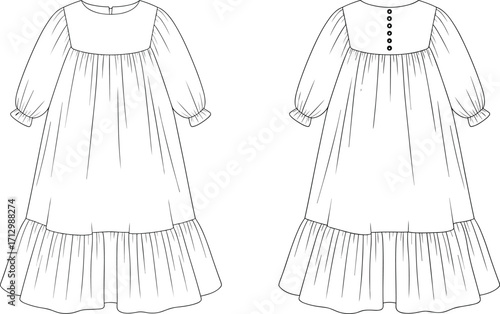 Technical fashion vector illustration of long tiered dress with puff sleeves, gathered yoke, button back closure, and detailed sewing construction