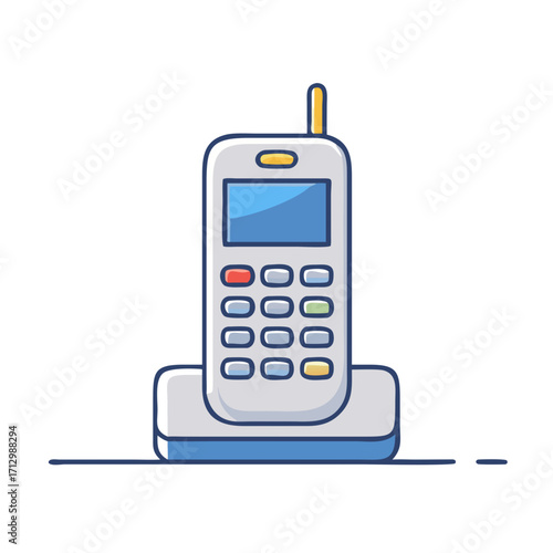 Cartoon Cordless Phone on Docking Station with Blue Screen and Button Keypad