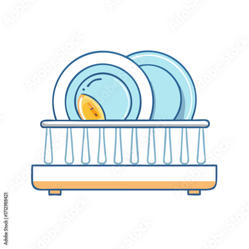 Clean blue plates drying on a dish rack after being washed