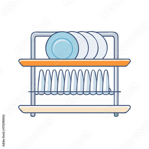 Dish rack with dishes, including plates and bowls for drying process