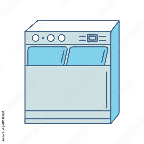 Cartoon illustration of a top loading washing machine in light colors