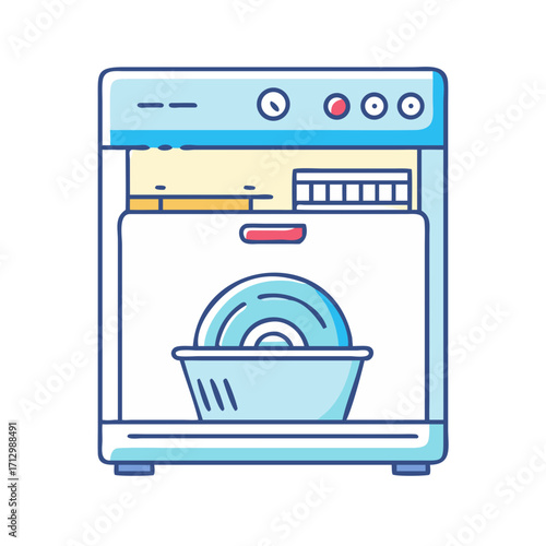 Modern blue and white dishwasher illustration with dishes for kitchen appliance needs