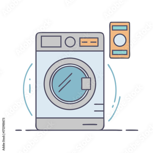 Cartoon washing machine with detergent and softener dispenser, flat style icon