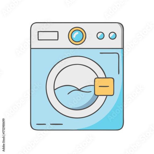 Stylized illustration of a frontloading washing machine with soap dispenser