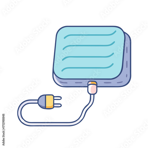 Illustration of a pastel blue power bank connected with a charging cable
