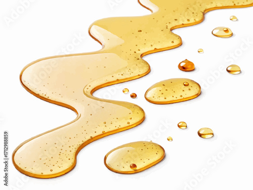 Golden liquid spill with droplets on a white surface creating a visually appealing and sweet looking scene