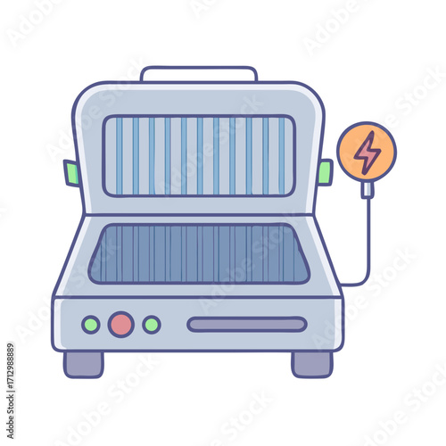 Cartoon electric grill open, showing grates, power indicator and control panel