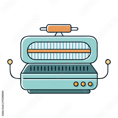 Retro futuristic toaster oven appliance with opening and temperature control dials