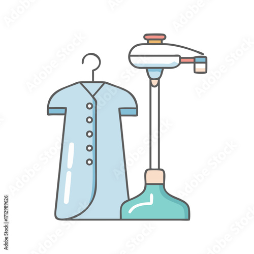 Vector image of a dress on a hanger next to a steamer