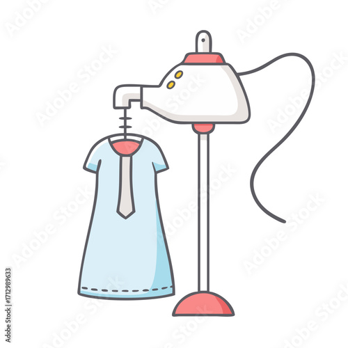 Cartoon illustration of a clothes steamer ironing a light blue dress