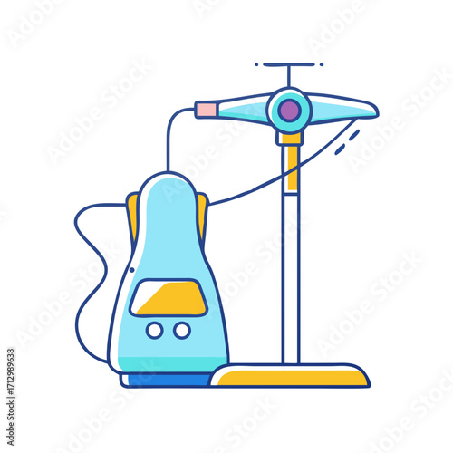 Cartoon irrigation system consisting of a pump and a sprinkler on stand