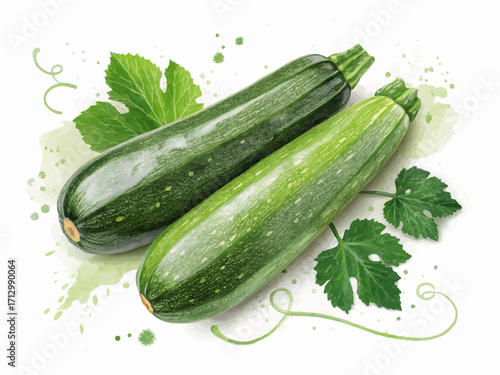 Two fresh zucchinis with green leaves and watercolor splashes on a white background illustration art