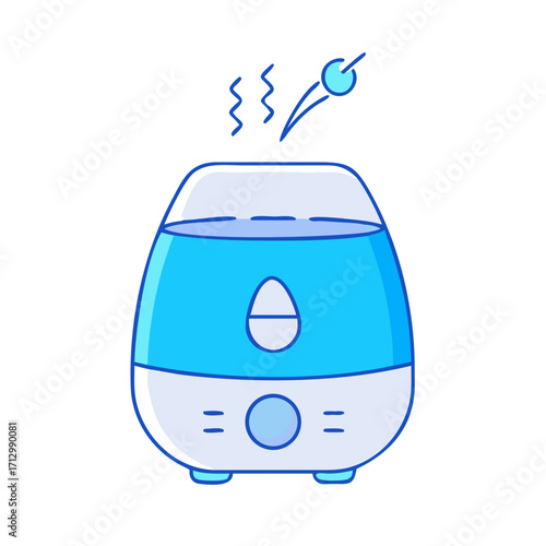 Illustration of a blue and white humidifier releasing steam into the air