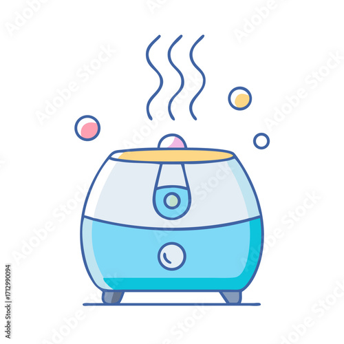 Cartoon Illustration of a Blue Humidifier Emitting Steam with Colorful Bubbles