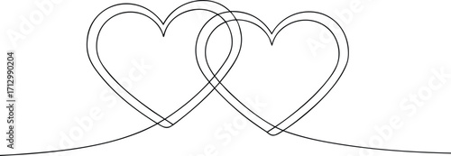 Two interlocking hearts drawn with a single continuous continous line art line love