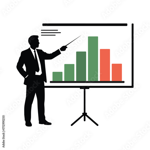 Business Report Silhouette Illustration of Man Explaining Charts and Graphs on Board