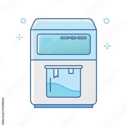 Cartoon illustration of a water purifier appliance with clean and simple design