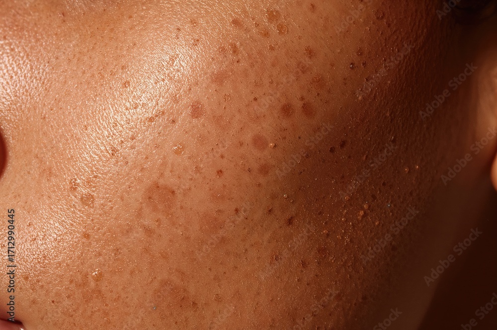 Fototapeta premium Detailed view of skin showing freckles and moles, emphasizing natural texture and color variations.