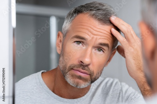 Mature man examining his receding hairline in mirror