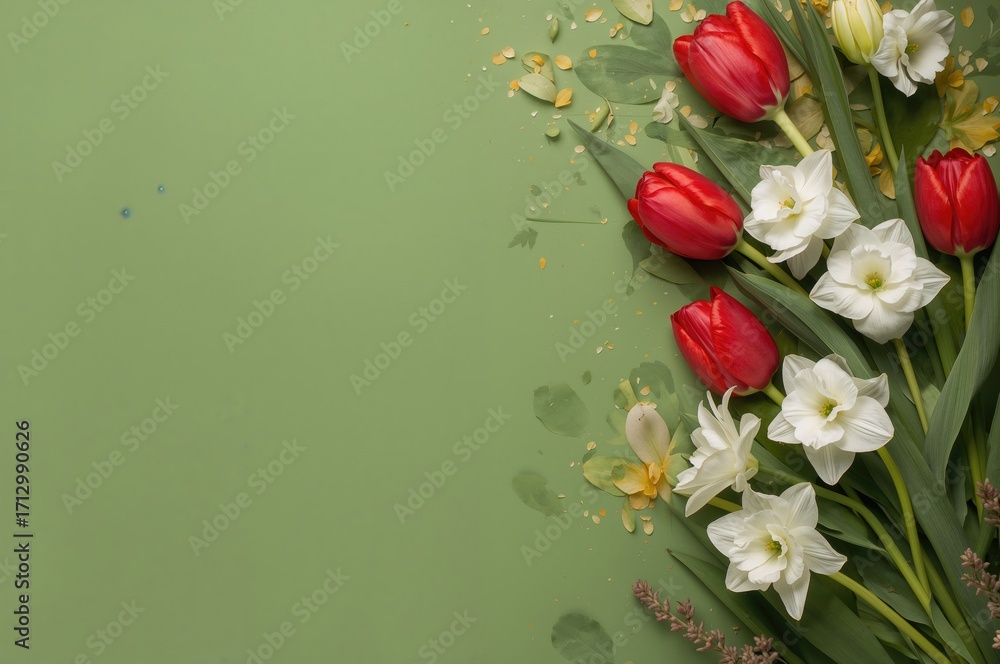 Fototapeta premium Stunning arrangement of crimson tulips and ivory daffodils against a lush green backdrop. Floral design with space for text, perfect for celebrations like Women's Day, Mother's Day, or anniversaries.