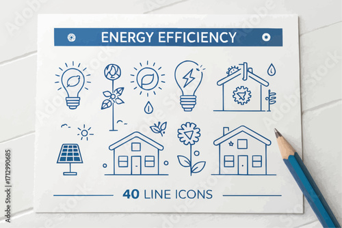 Energy efficiency line icons on white paper with a pencil showcasing sustainable and renewable resources