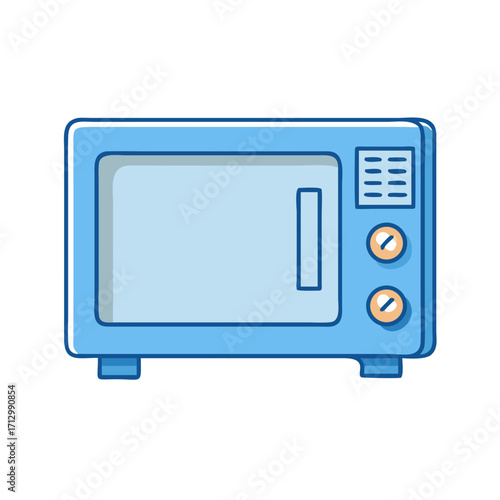 A cartoon representation of a blue microwave oven with control panels