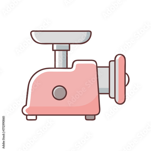Illustration of a vintage pink meat grinder with a silver tray on top