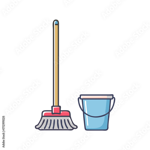 Cartoon Illustration of a Broom and Bucket for Cleaning Purposes