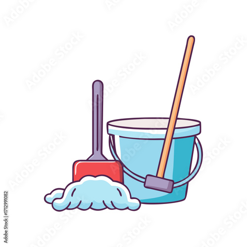 A Mop and Bucket Ready for Cleaning, a Vibrant Cartoon Illustration