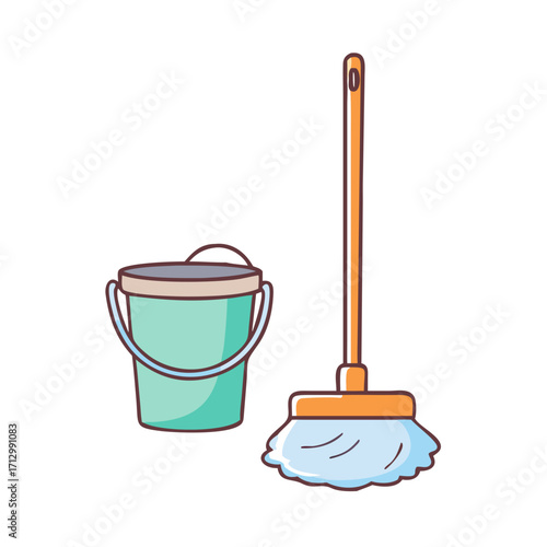 Cartoon illustration of a mop and bucket representing cleaning supplies and equipment