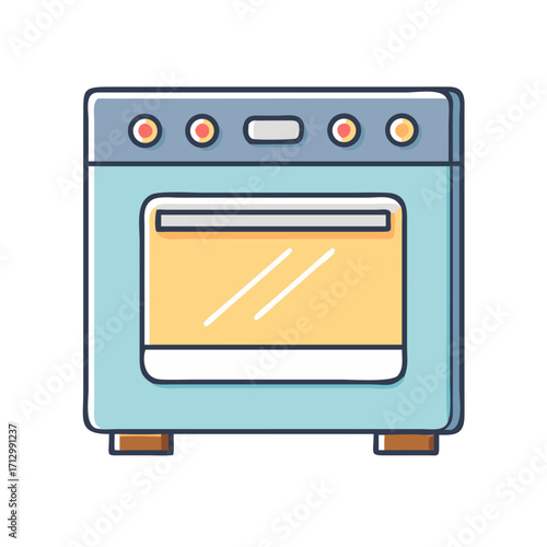 Stylized cartoon image of a modern light blue oven with a glass door