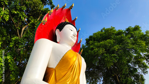 The giant golden Buddha is The large buddha statue with bodhi tree background. buddha statue sitting. Believe, Culture, Traditional. Buddhist believe concept. Calm meditation concept. Copy space.