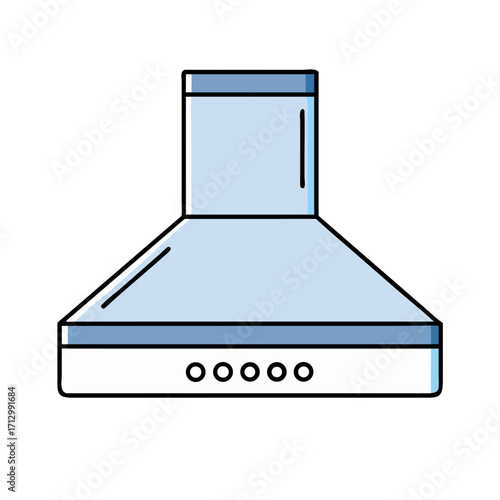 Illustration of a blue kitchen range hood with five circular buttons