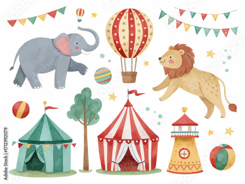 Watercolor circus theme with elephant, lion, tents, balloon, lighthouse, and festive decorations