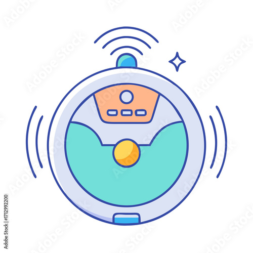 Cute cartoon illustration of a modern autonomous vacuum cleaner robot working