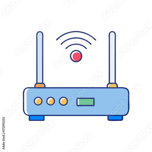 Cartoon wireless internet router with antennas providing connectivity to devices