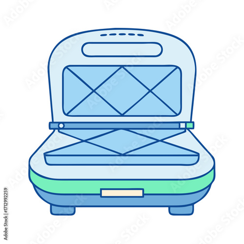 Stylized waffle maker in blue and green, with an open lid