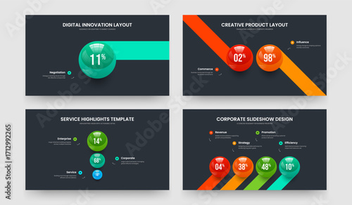 Digital Introduction 1 2 3 4 Option Diagram Presentation Layout Bundle. Company Performance One Two Three Four Element Graph Frame Template Vector Illustration Set.