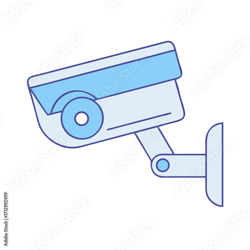 Light blue security camera mounted on the wall monitoring the area