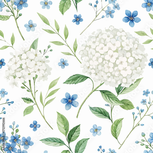 Seamless pattern of white hydrangea flowers and blue forget me nots with green leaves on a white background