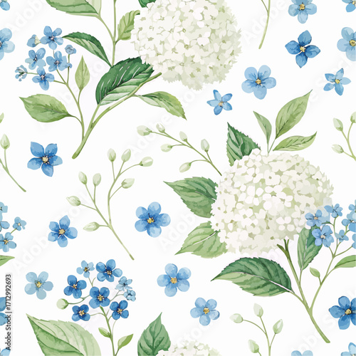 Seamless floral pattern featuring white hydrangeas and blue forget me nots on a white background